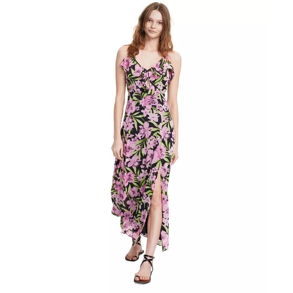 Bar III‎ Womens Size Small Floral-Print Ruffled Maxi Dress in Havana Pink/Black